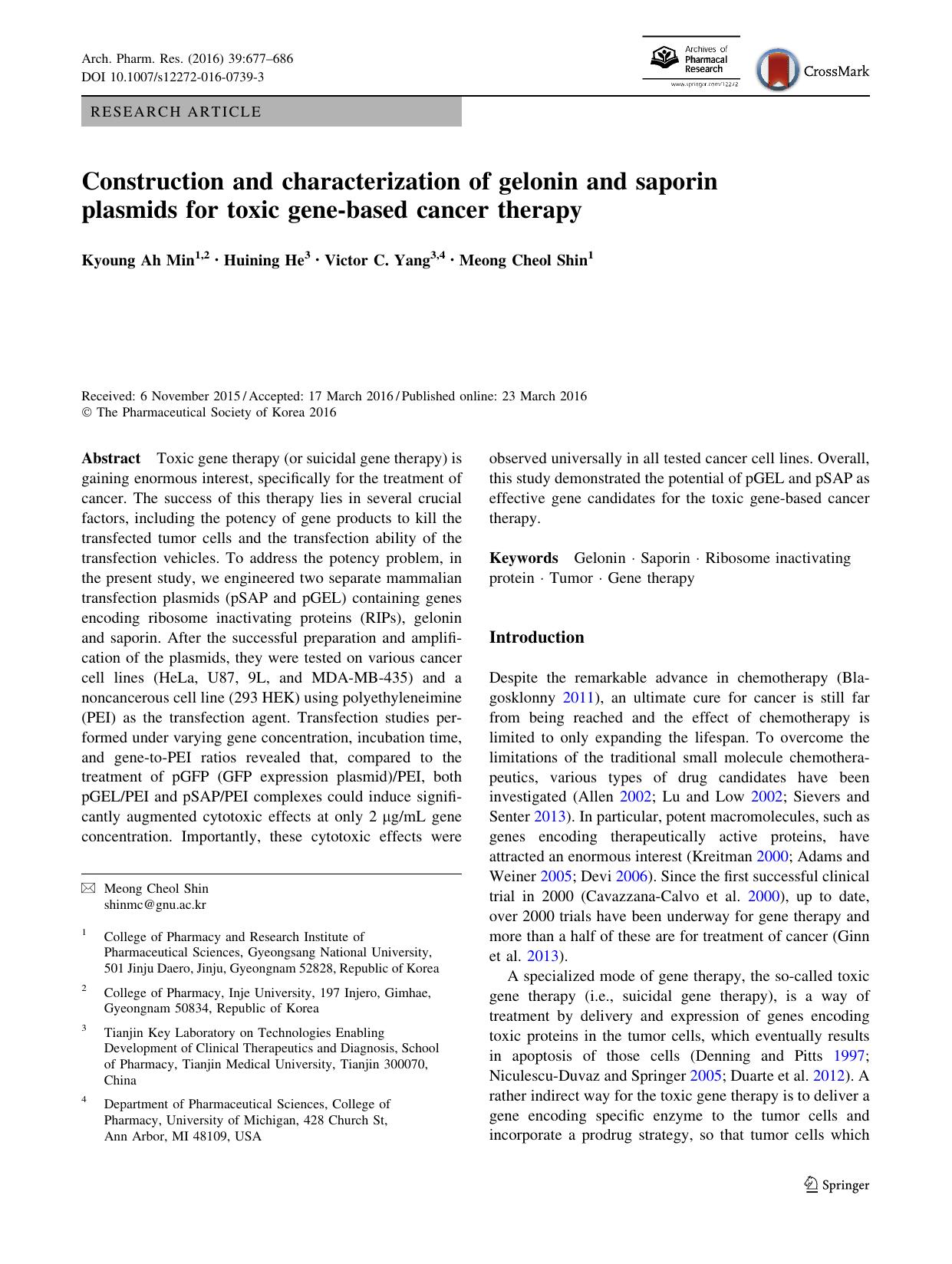 Construction and characterization of gelonin and saporin plasmids for toxic gene-based cancer therapy by Kyoung Ah Min & Huining He & Victor C. Yang & Meong Cheol Shin