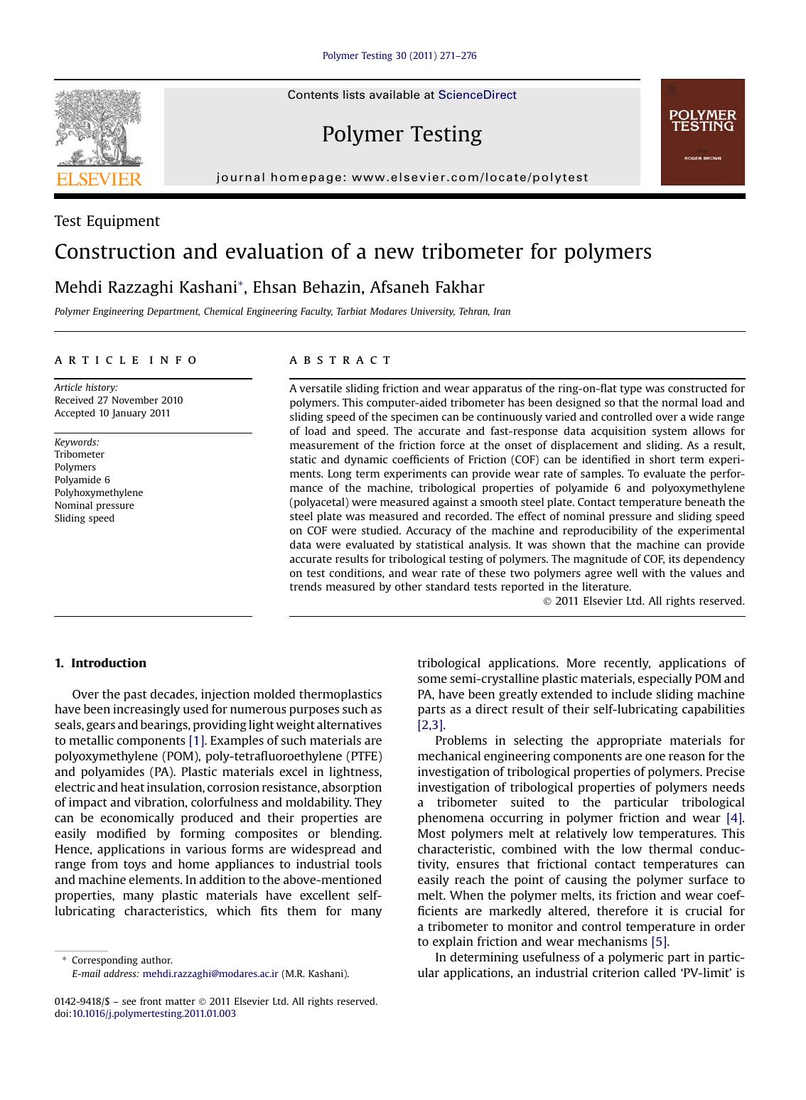 Construction and evaluation of a new tribometer for polymers by Mehdi Razzaghi Kashani & Ehsan Behazin & Afsaneh Fakhar