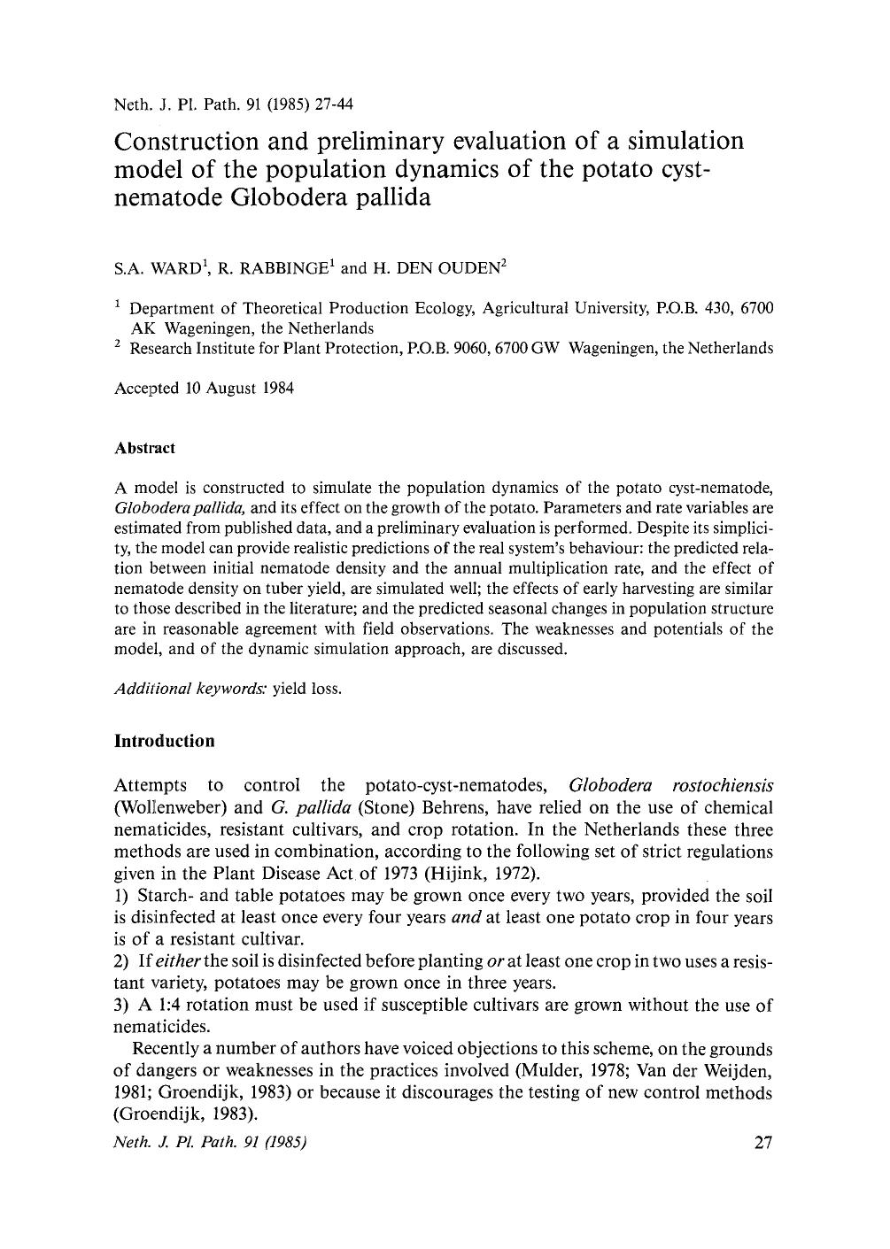 Construction and preliminary evaluation of a simulation model of the population dynamics of the potato cystnematode Globodera pallida by Unknown