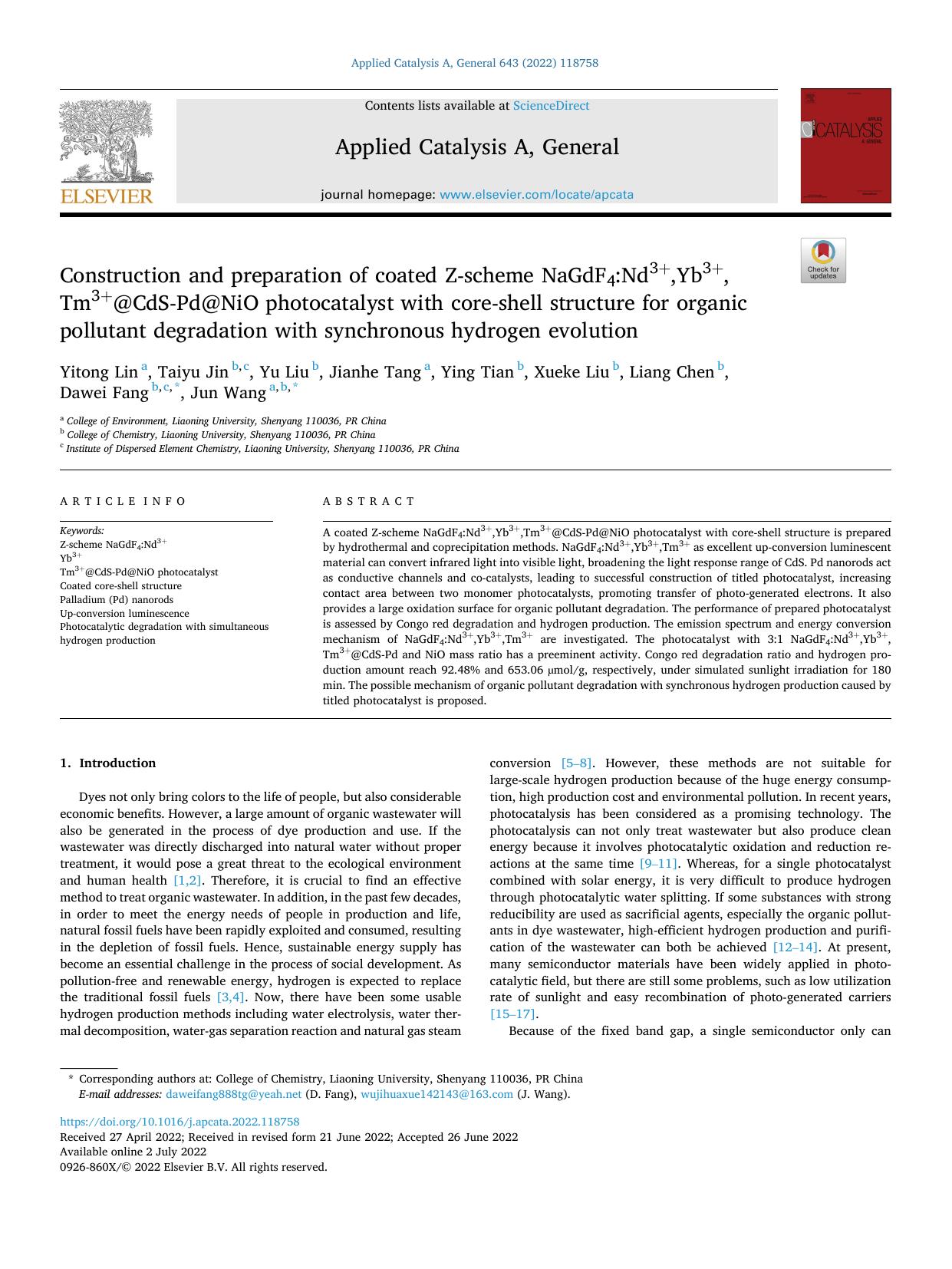 Construction and preparation of coated Z-scheme NaGdF4:Nd3+,Yb3+,Tm3+@CdS-Pd@NiO photocatalyst with core-shell structure for organic pollutant degradation with synchronous hydrogen evolution by unknow
