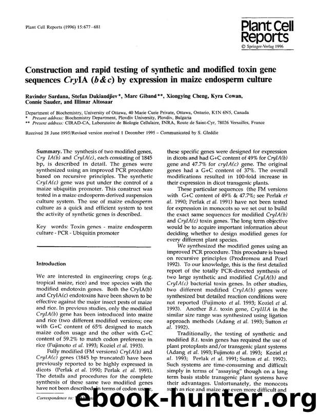 Construction and rapid testing of synthetic and modified toxin gene sequences <Emphasis Type="Italic">Cry<Emphasis>IA (<Emphasis Type="Italic">b&amp;c<Emphasis>) by expression in m by Unknown