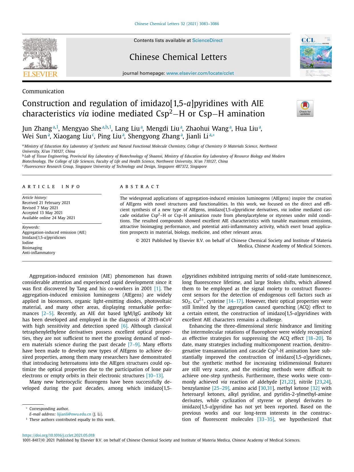 Construction and regulation of imidazo[1,5-a]pyridines with AIE characteristics via iodine mediated Csp2−H or Csp−H amination by unknow