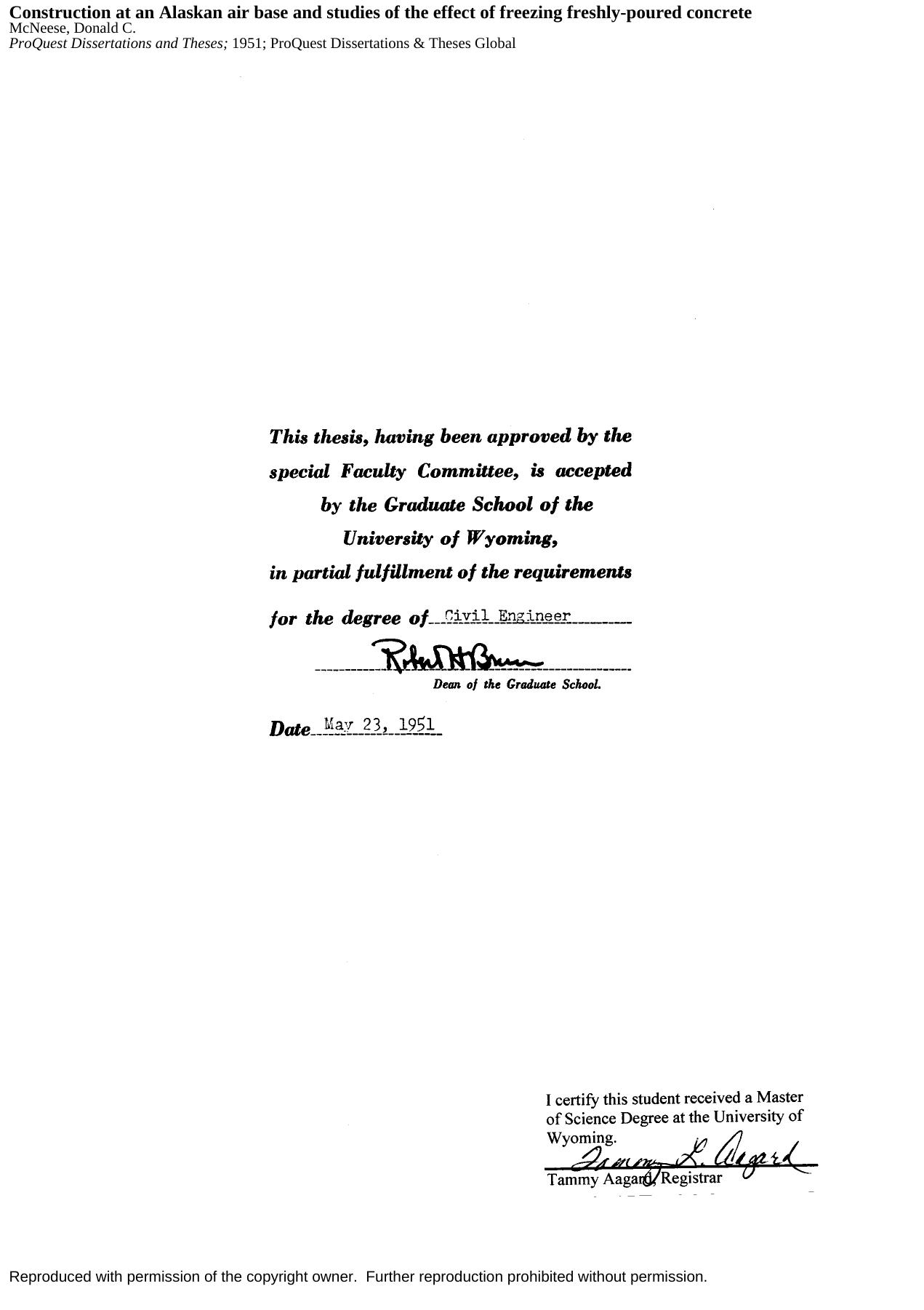 Construction at an Alaskan air base and studies of the effect of freezing freshly-poured concrete by McNeese Donald C