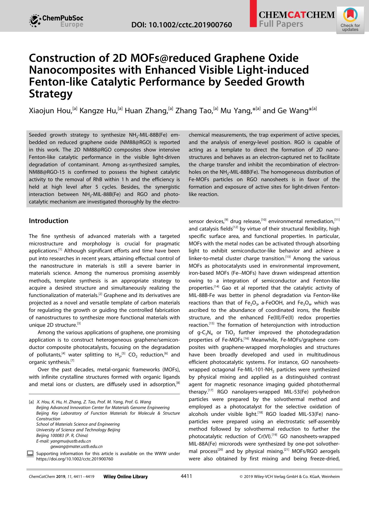 Construction of 2D MOFs@reduced Graphene Oxide Nanocomposites with Enhanced Visible Lightâinduced Fentonâlike Catalytic Performance by Seeded Growth Strategy by Unknown