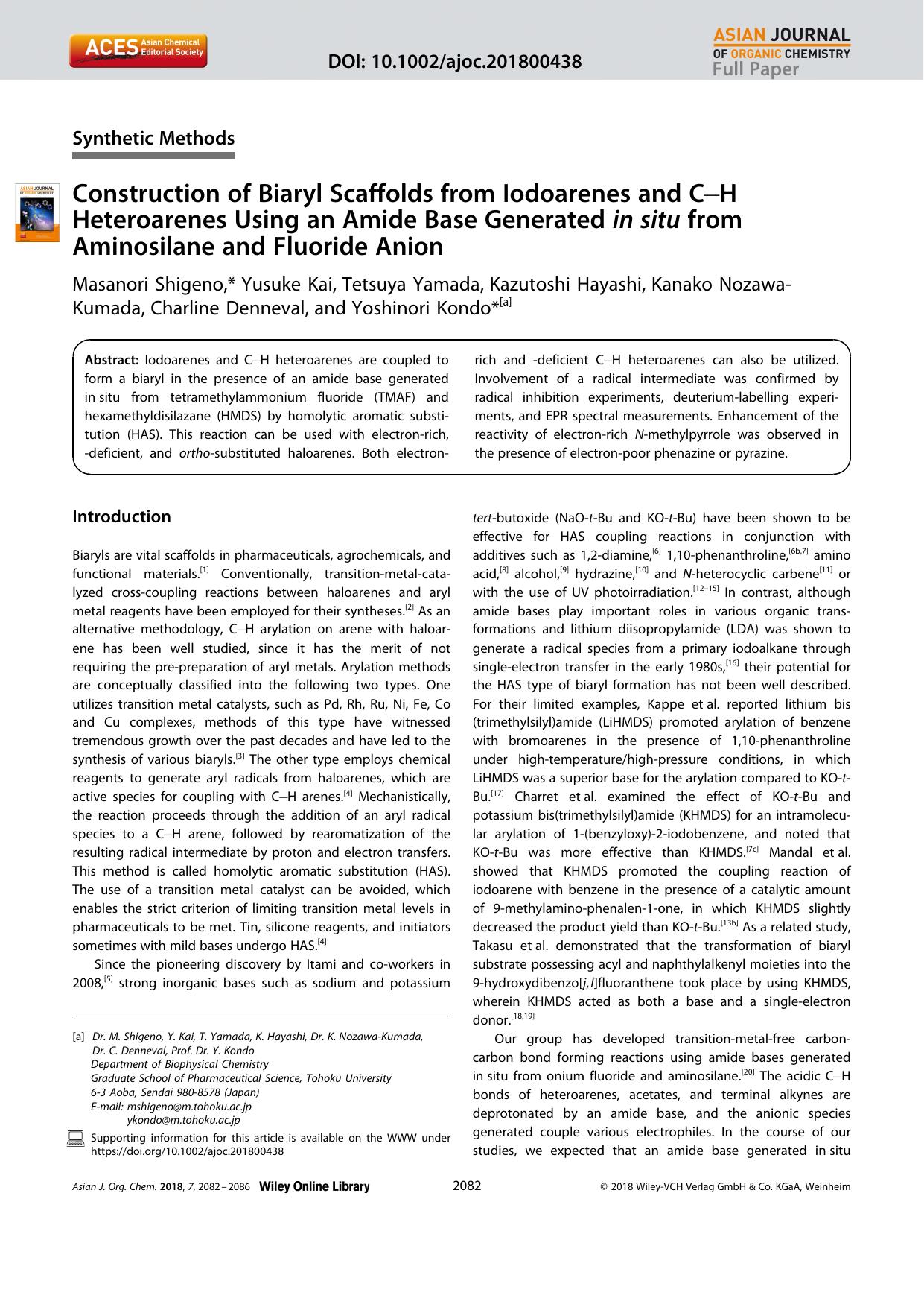 Construction of Biaryl Scaffolds from Iodoarenes and CâH Heteroarenes Using an Amide Base Generated inâsitu from Aminosilane and Fluoride Anion by Unknown