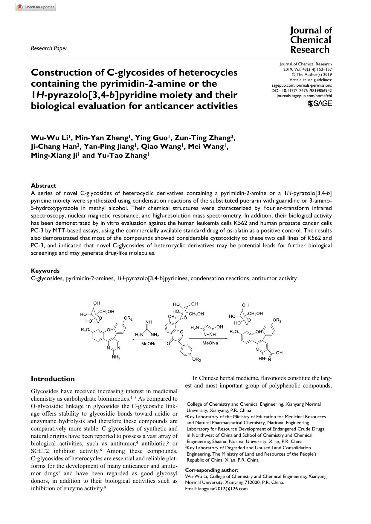 Construction of C-glycosides of heterocycles containing the pyrimidin-2-amine or the 1H-pyrazolo[3,4-b]pyridine moiety and their biological evaluation for anticancer activities by unknow