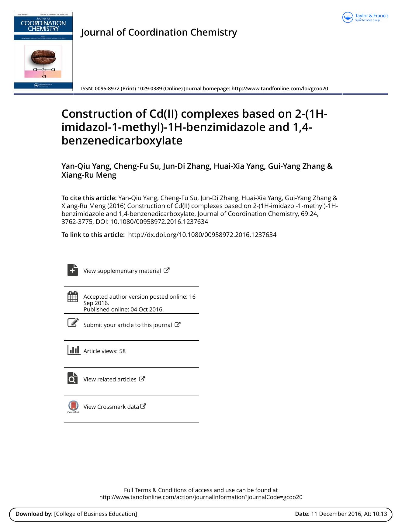 Construction of Cd(II) complexes based on 2-(1H-imidazol-1-methyl)-1H-benzimidazole and 1,4-benzenedicarboxylate by Yan-Qiu Yang & Cheng-Fu Su & Jun-Di Zhang & Huai-Xia Yang & Gui-Yang Zhang & Xiang-Ru Meng