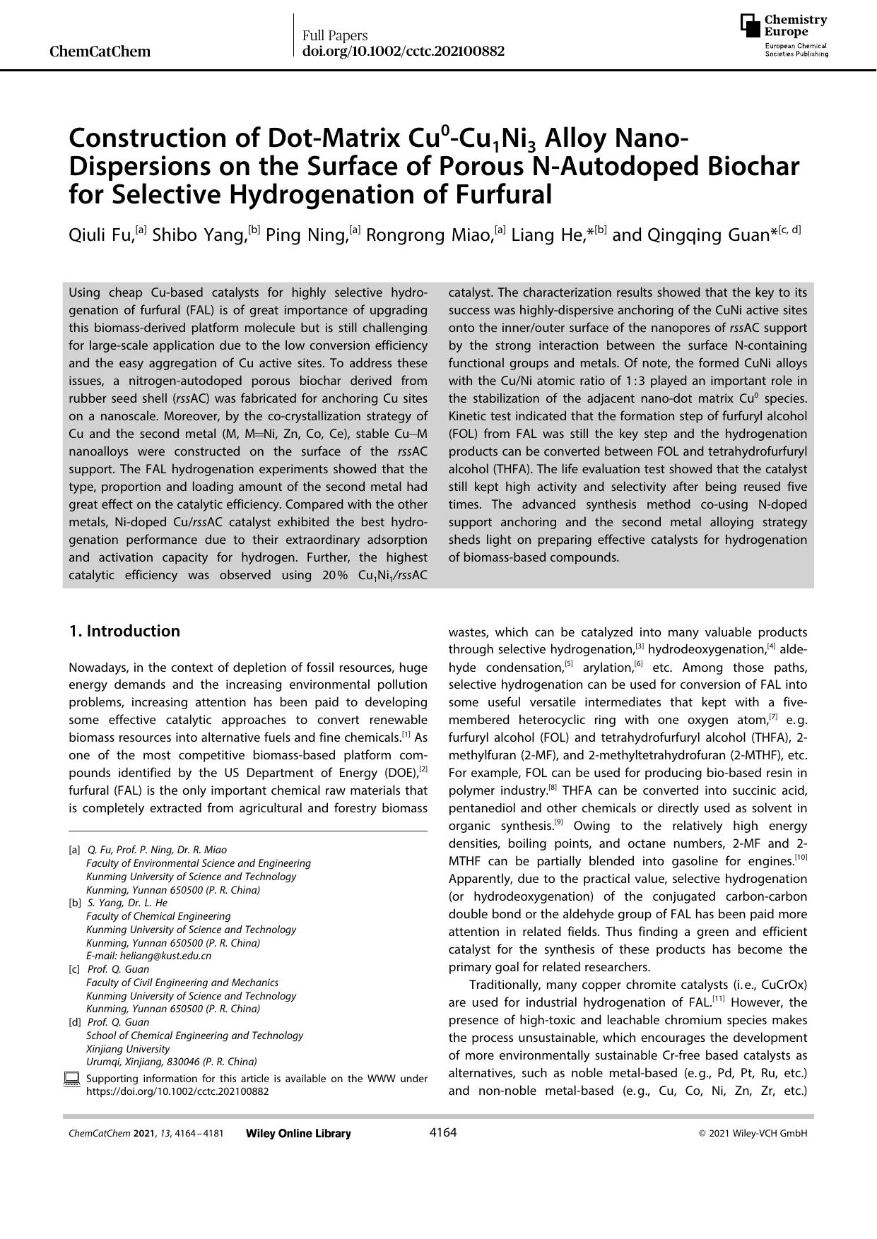 Construction of DotâMatrix Cu0âCu1Ni3 Alloy NanoâDispersions on the Surface of Porous NâAutodoped Biochar for Selective Hydrogenation of Furfural by Unknown