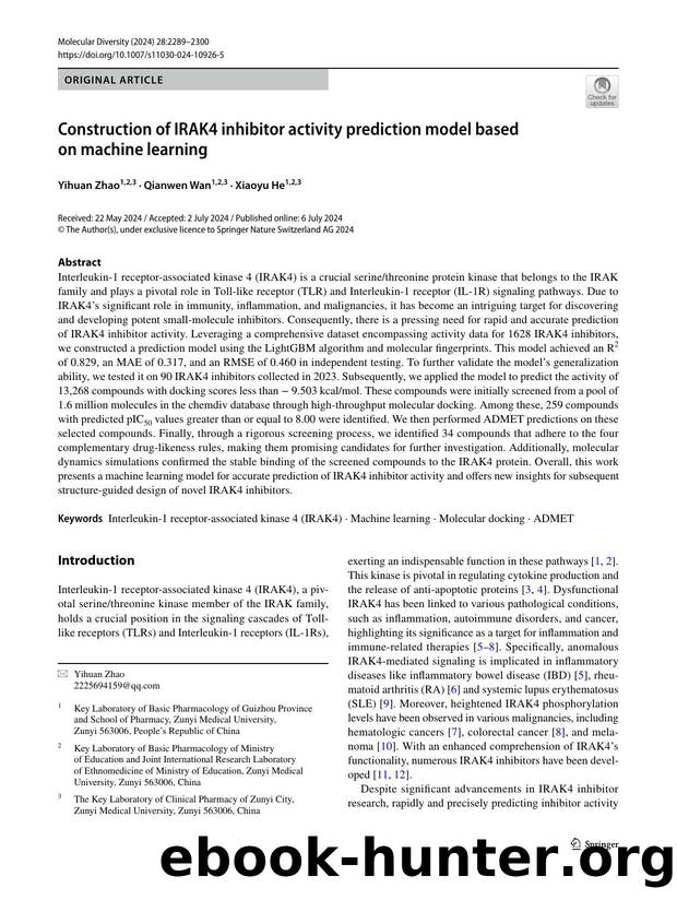 Construction of IRAK4 inhibitor activity prediction model based on machine learning by Yihuan Zhao & Qianwen Wan & Xiaoyu He