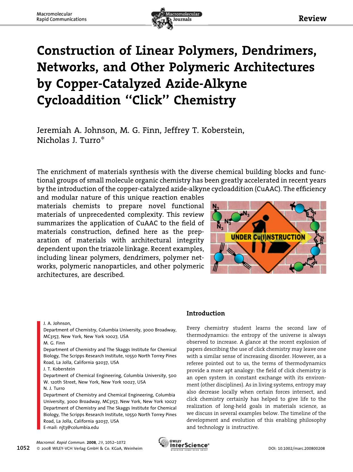 Construction of Linear Polymers, Dendrimers, Networks, and Other Polymeric Architectures by Copper-Catalyzed Azide-Alkyne Cycloaddition "Click" Chemistry by Unknown