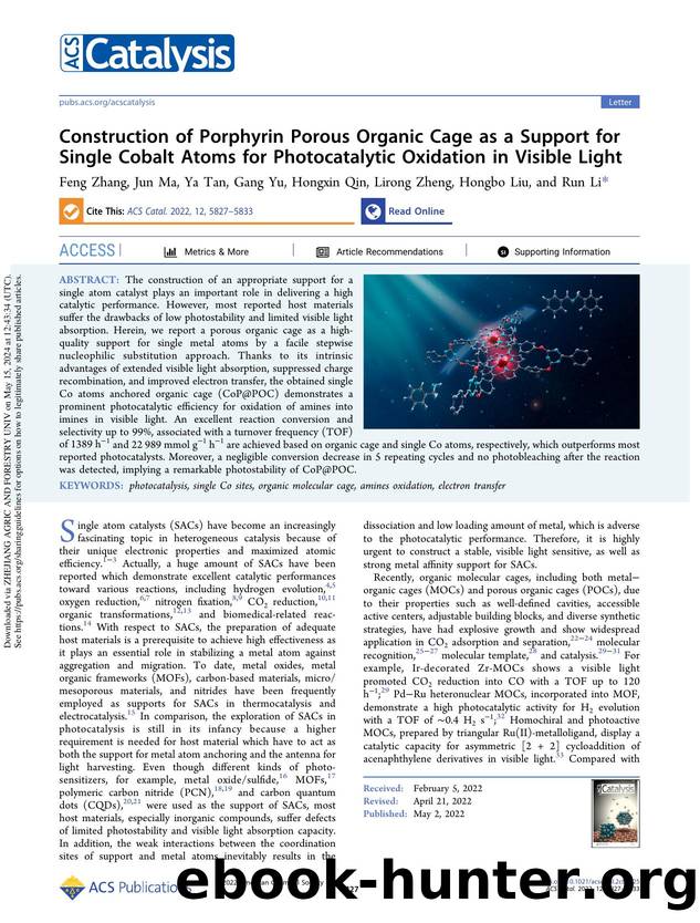 Construction of Porphyrin Porous Organic Cage as a Support for Single Cobalt Atoms for Photocatalytic Oxidation in Visible Light by Feng Zhang Jun Ma Ya Tan Gang Yu Hongxin Qin Lirong Zheng Hongbo Liu & Run Li