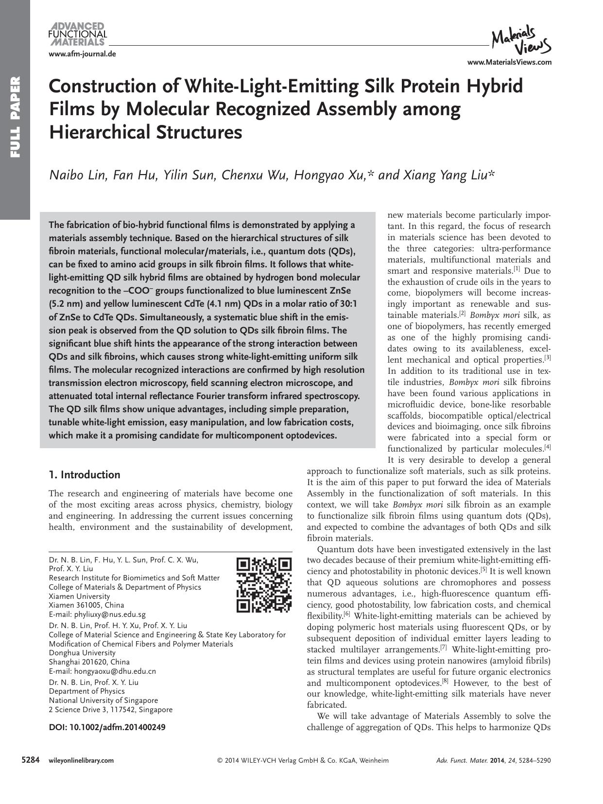 Construction of WhiteLightEmitting Silk Protein Hybrid Films by Molecular Recognized Assembly among Hierarchical Structures by processteam