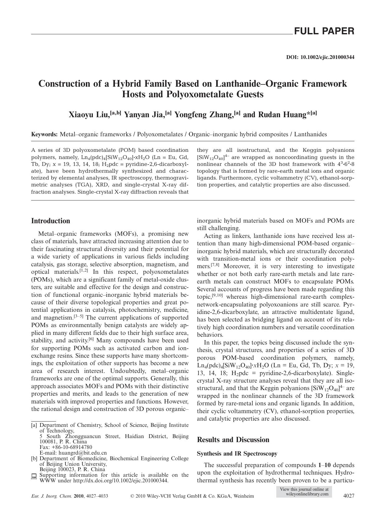 Construction of a Hybrid Family Based on LanthanideOrganic Framework Hosts and Polyoxometalate Guests by Unknown