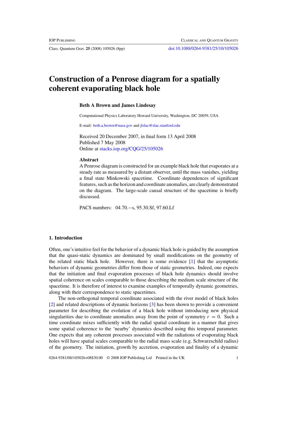 Construction of a Penrose diagram for a spatially coherent evaporating black hole by B A Brown and J Lindesay