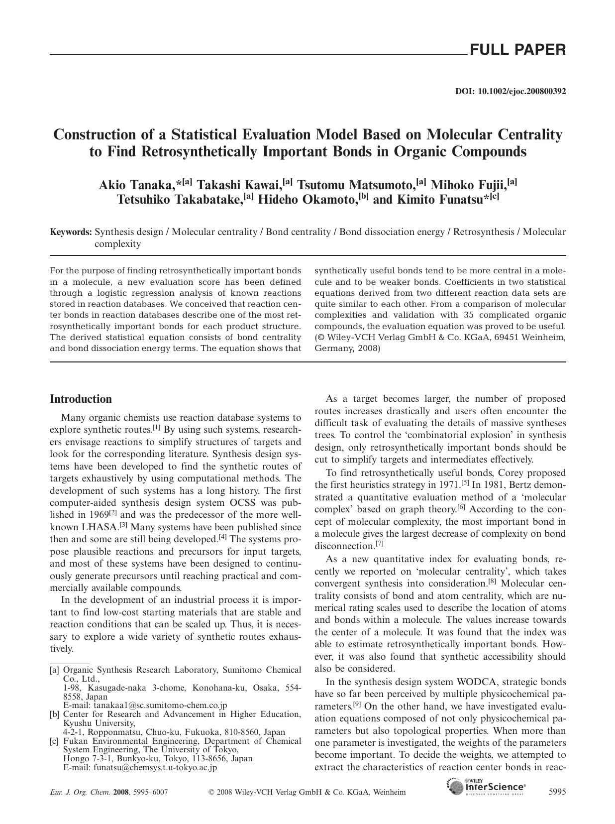 Construction of a Statistical Evaluation Model Based on Molecular Centrality to Find Retrosynthetically Important Bonds in Organic Compounds by Unknown