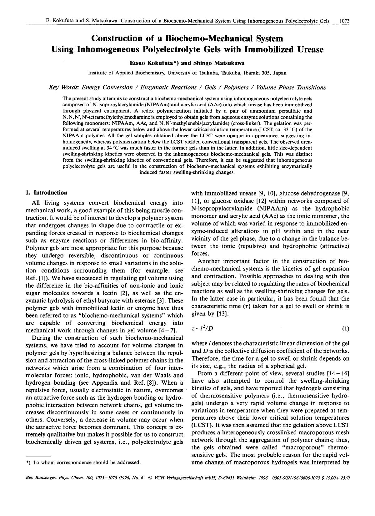 Construction of a biochemo-mechanical system using inhomogeneous polyelectrolyte gels with immobilized urease by Unknown
