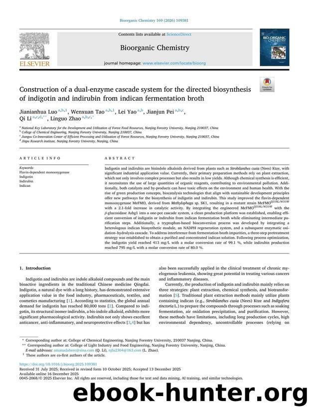 Construction of a dual-enzyme cascade system for the directed biosynthesis of indigotin and indirubin from indican fermentation broth by Jianianhua Luo & Wenxuan Tao & Lei Yao & Jianjun Pei & Qi Li & Linguo Zhao