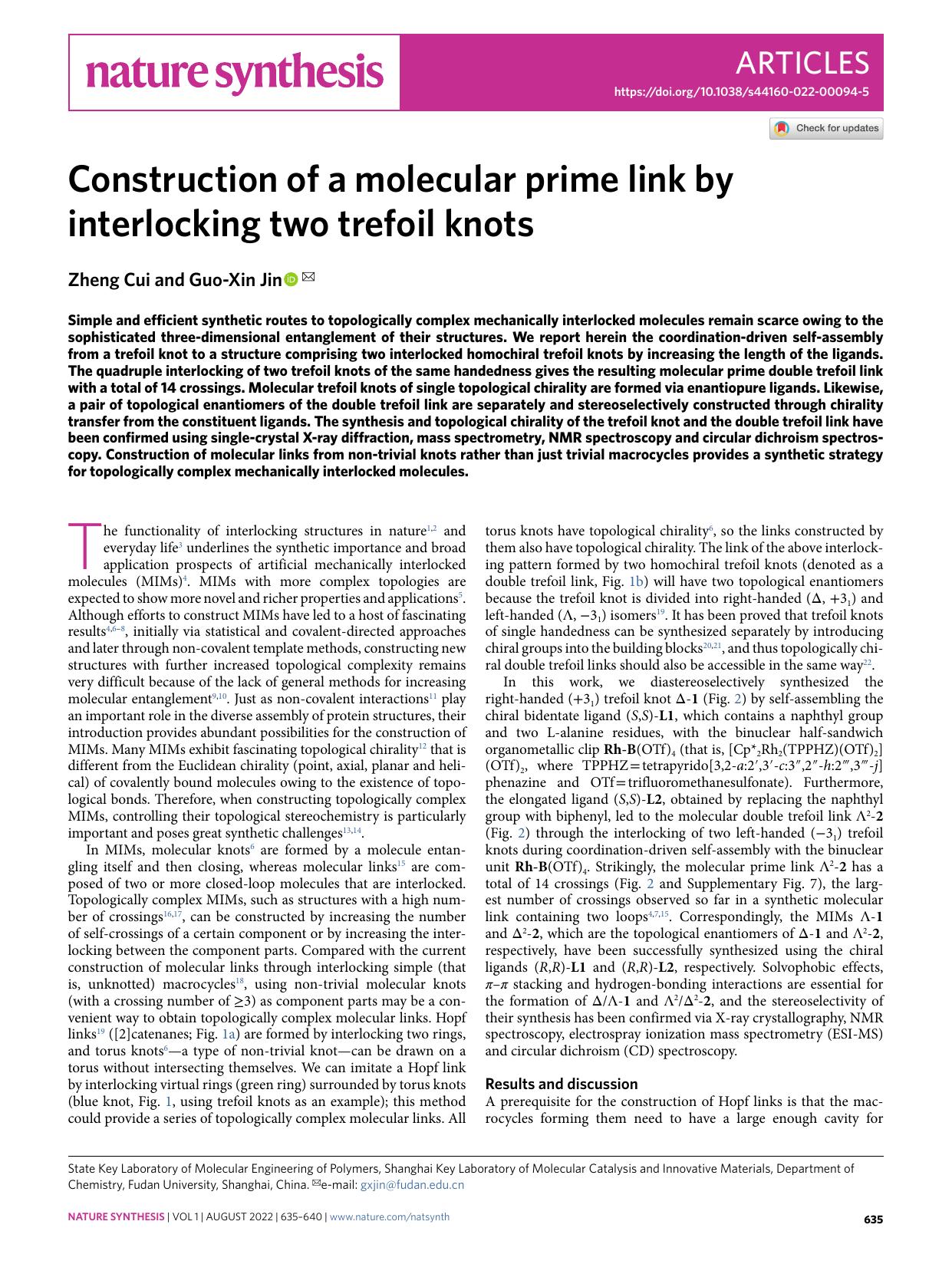 Construction of a molecular prime link by interlocking two trefoil knots by Zheng Cui & Guo-Xin Jin