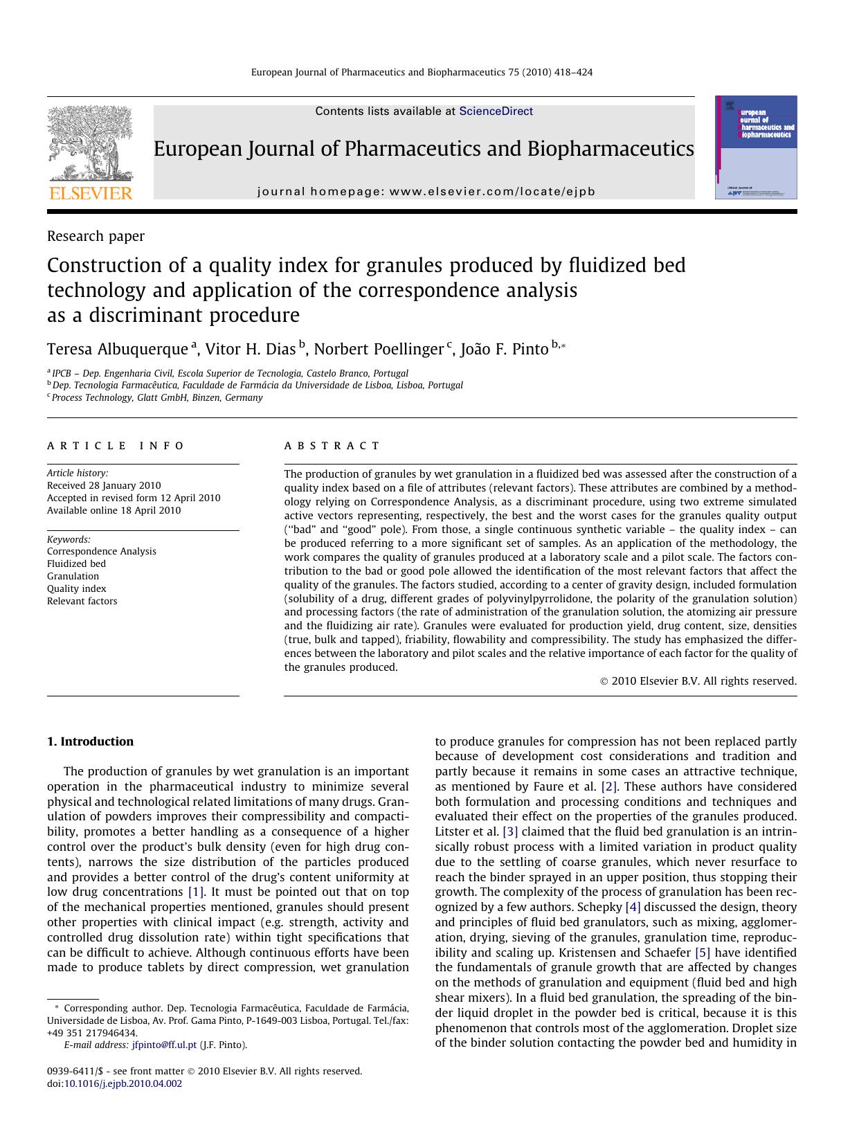 Construction of a quality index for granules produced by fluidized bed technology and application of the correspondence analysis as a discriminant procedure by Teresa Albuquerque & Vitor H. Dias & Norbert Poellinger & João F. Pinto