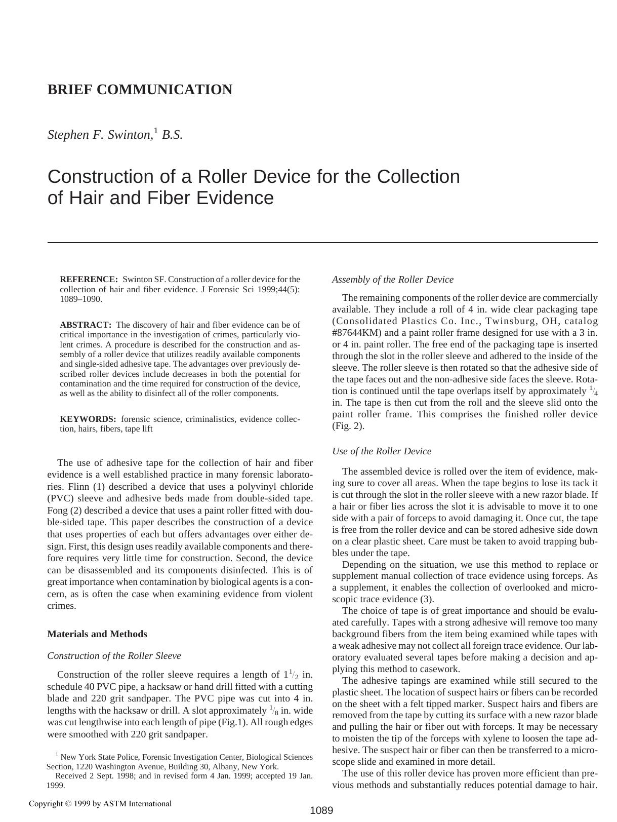 Construction of a roller device for the collection of hair and fiber evidence by Swinton SF