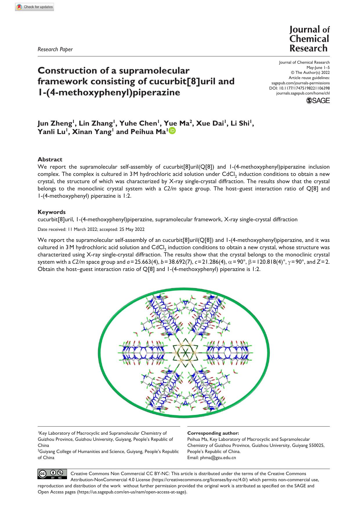 Construction of a supramolecular framework consisting of cucurbit[8]uril and 1-(4-methoxyphenyl)piperazine by Jun Zheng Lin Zhang Yuhe Chen Yue Ma Xue Dai Li Shi Yanli Lu Xinan Yang & Peihua Ma