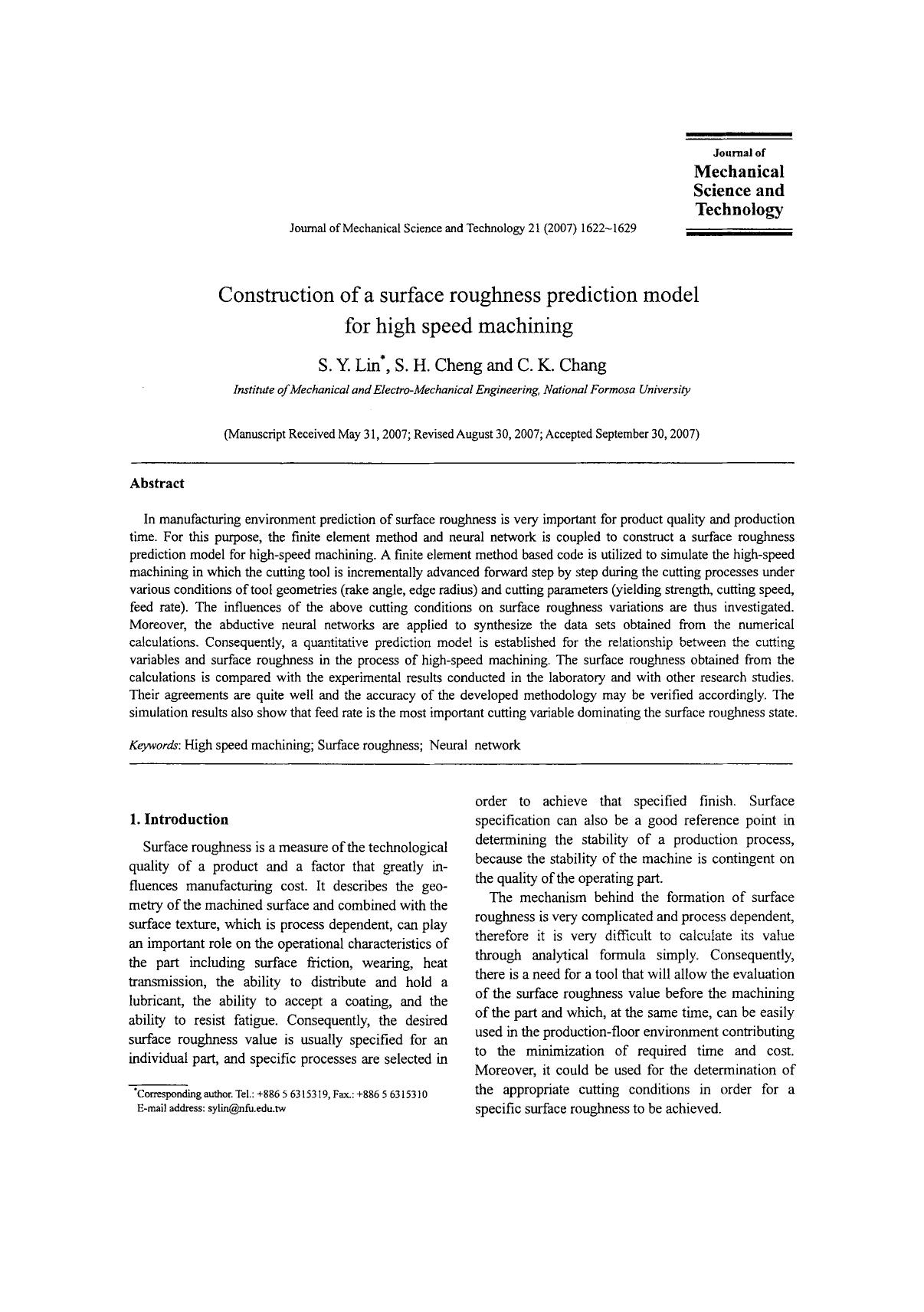Construction of a surface roughness prediction model for high speed machining by Unknown