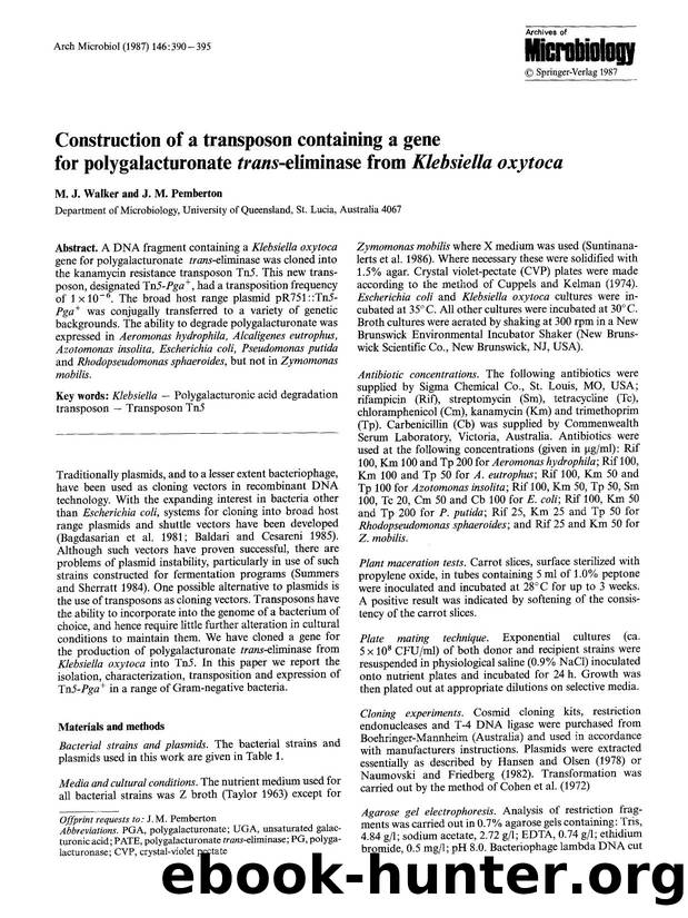 Construction of a transposon containing a gene for polygalacturonate <Emphasis Type="Italic">trans<Emphasis>-eliminase from <Emphasis Type="Italic">Klebsiella oxytoca<Emphasis> by Unknown