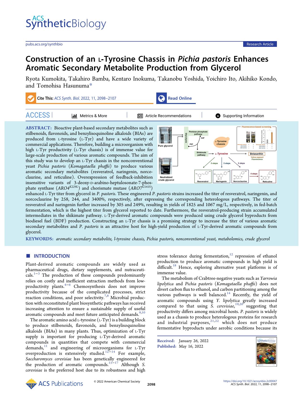 Construction of an l-Tyrosine Chassis in Pichia pastoris Enhances Aromatic Secondary Metabolite Production from Glycerol by unknow