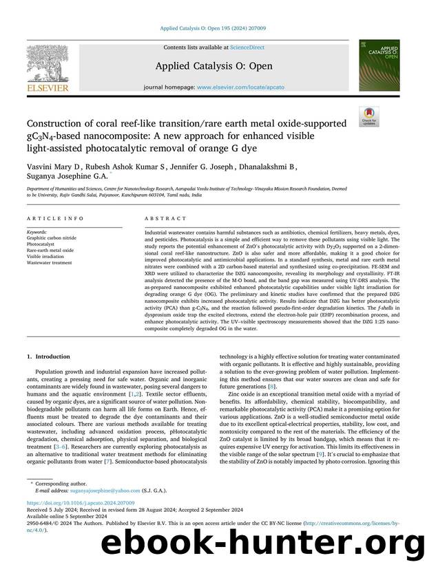 Construction of coral reef-like transitionrare earth metal oxide-supported gC3N4-based nanocomposite: A new approach for enhanced visible light-assisted photocatalytic removal of orange G dye by Vasvini Mary D & Rubesh Ashok Kumar S & Jennifer G. Joseph & Dhanalakshmi B & Suganya Josephine G.A