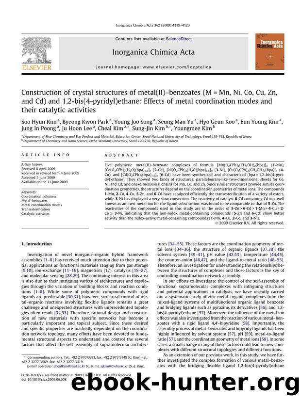 Construction of crystal structures of metal(II)âbenzoates (M=Mn, Ni, Co, Cu, Zn, and Cd) and 1,2-bis(4-pyridyl)ethane: Effects of metal coordination modes and their catalytic activities by unknow