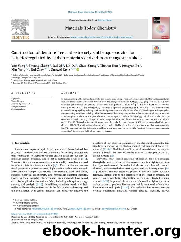 Construction of dendrite-free and extremely stable aqueous zinc-ion batteries regulated by carbon materials derived from mangosteen shells by unknow