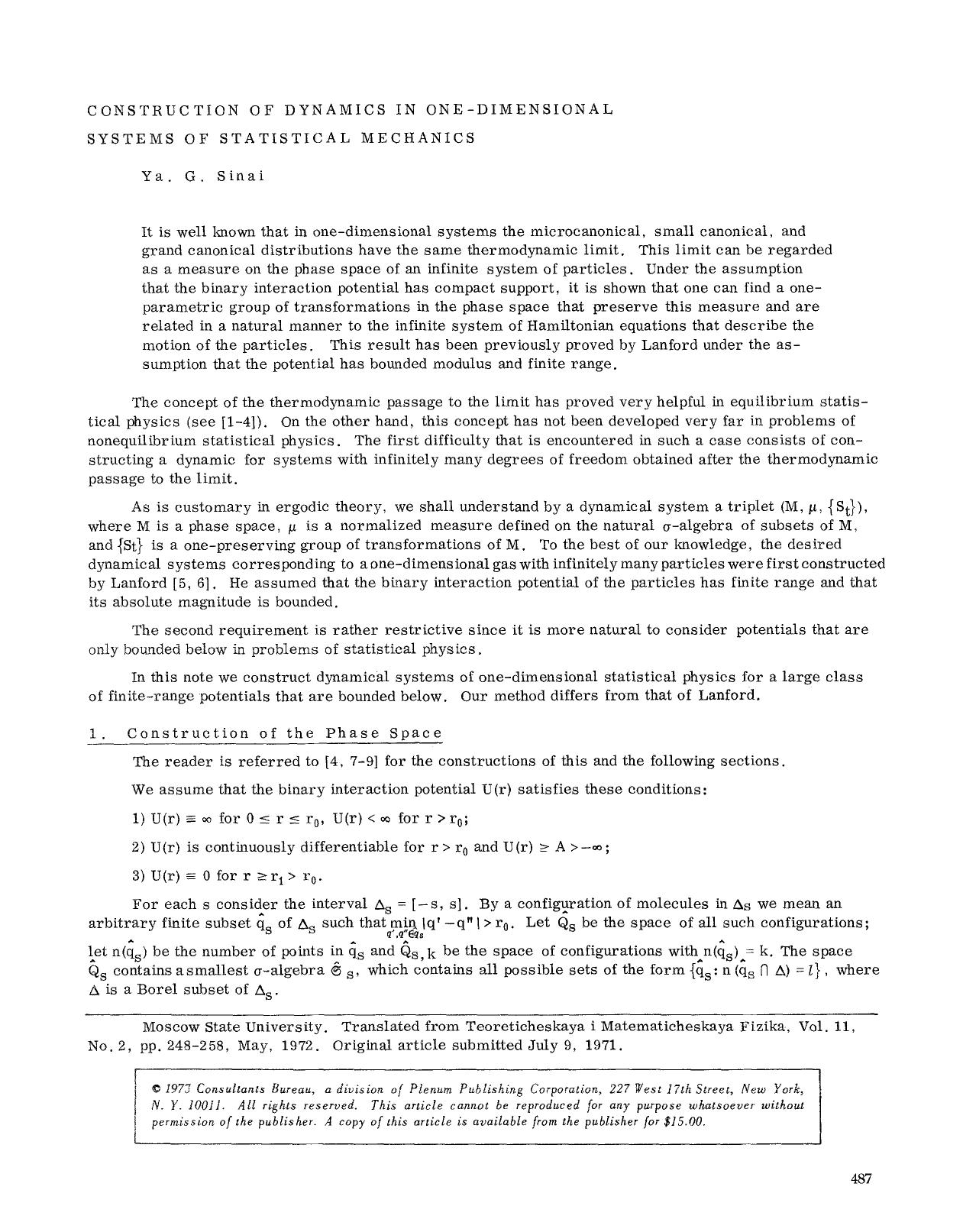 Construction of dynamics in one-dimensional systems of statistical mechanics by Unknown