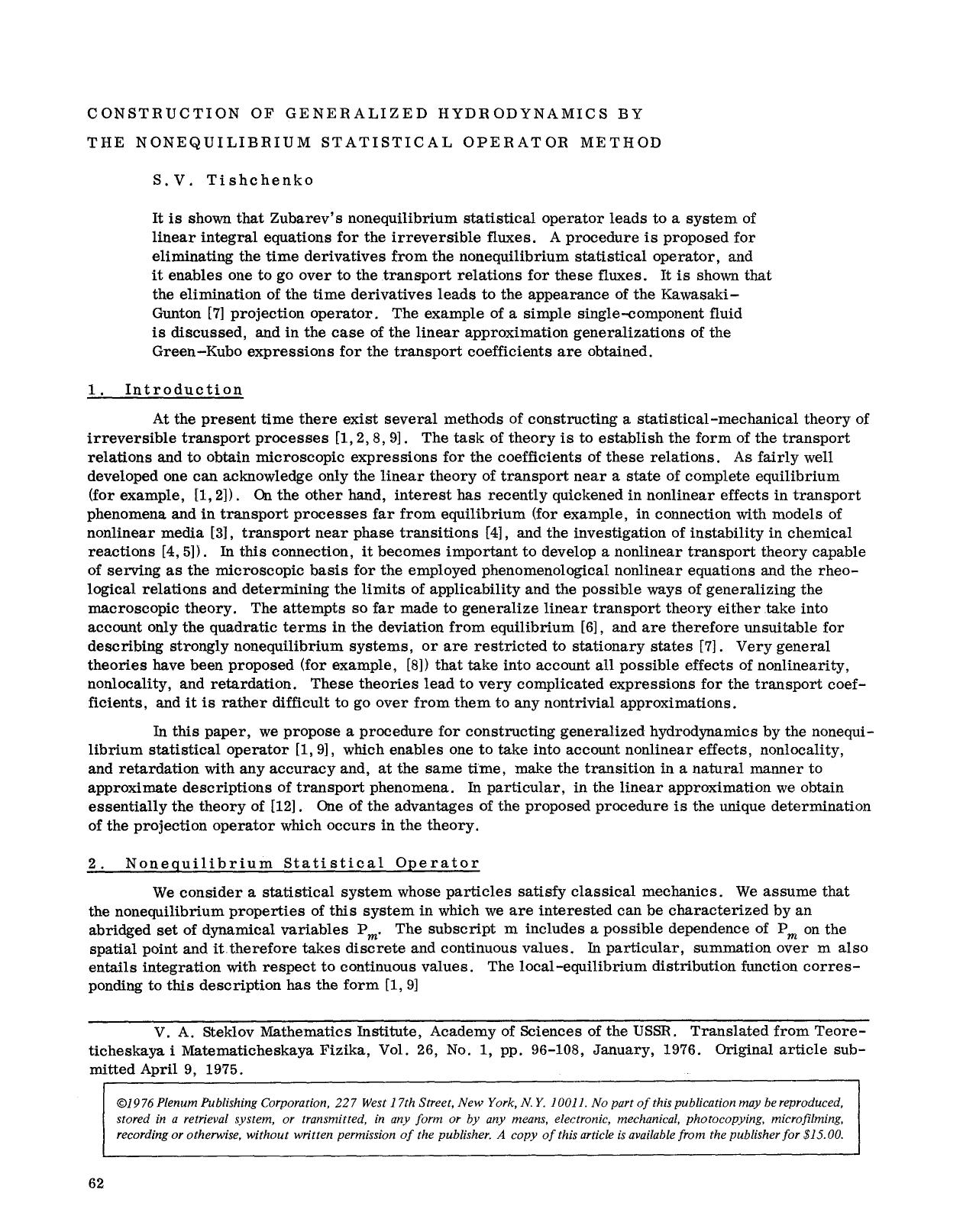 Construction of generalized hydrodynamics by the nonequilibrium statistical operator method by Unknown