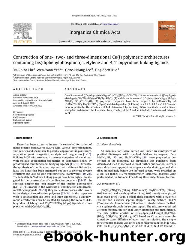 Construction of one-, two- and three-dimensional Cu(I) polymeric architectures containing bis(diphenylphosphino)acetylene and 4,4â²-bipyridine linking ligands by Yu-Chiao Liu; Wen-Yann Yeh; Gene-Hsiang Lee; Ting-Shen Kuo