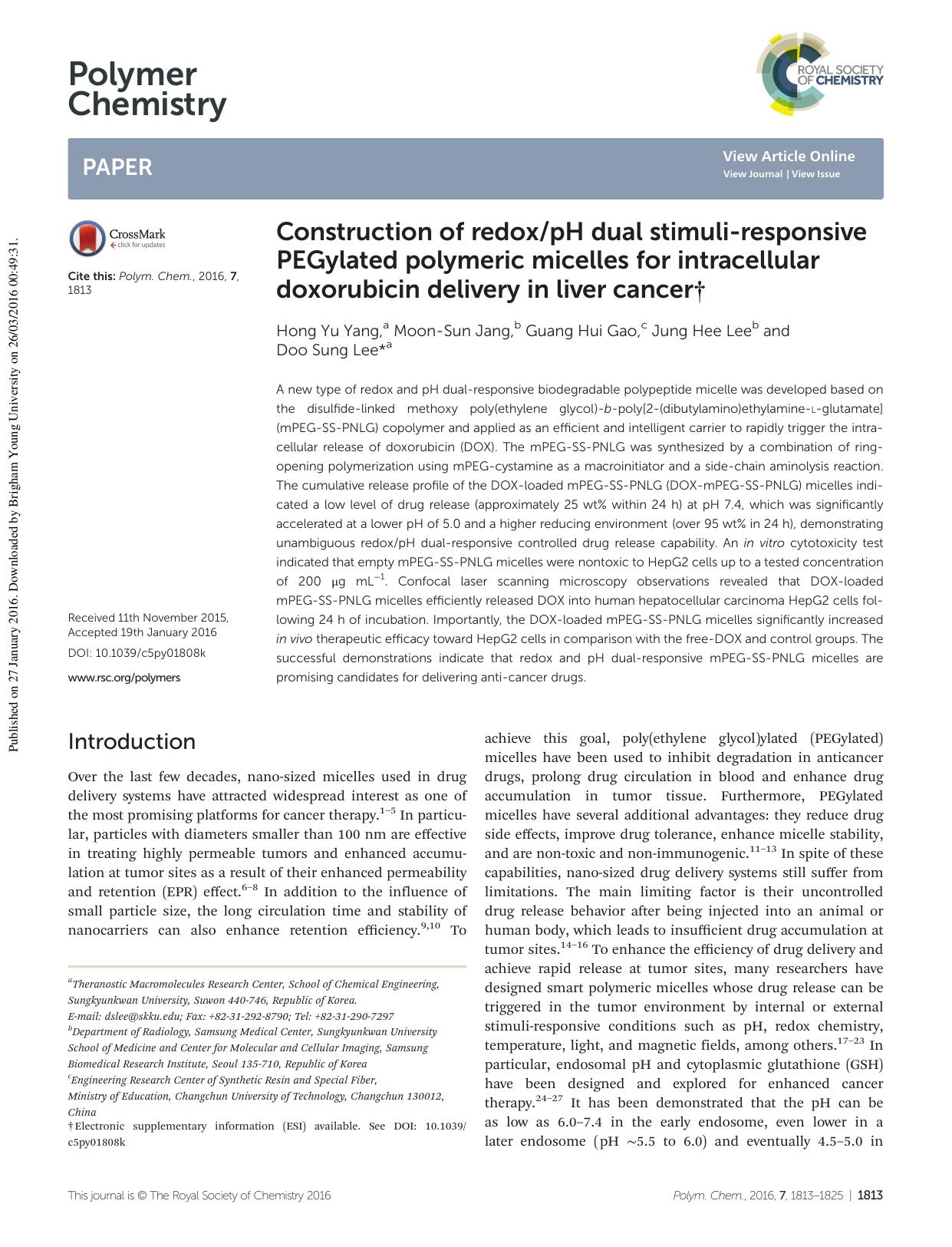 Construction of redoxpH dual stimuli-responsive PEGylated polymeric micelles for intracellular doxorubicin delivery in liver cancer by Hong Yu Yang Moon-Sun Jang Guang Hui Gao Jung Hee Lee Doo Sung Lee