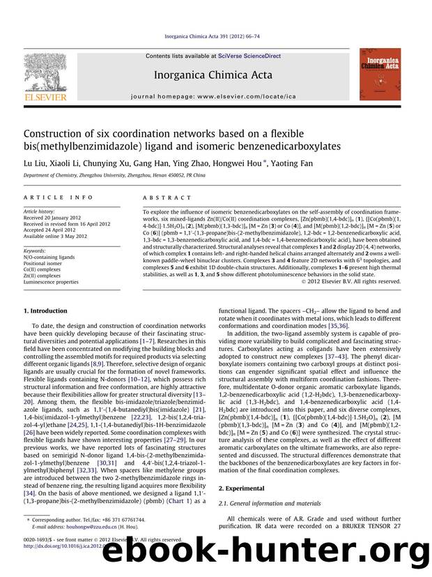 Construction of six coordination networks based on a flexible bis(methylbenzimidazole) ligand and isomeric benzenedicarboxylates by Lu Liu & Xiaoli Li & Chunying Xu & Gang Han & Ying Zhao & Hongwei Hou & Yaoting Fan