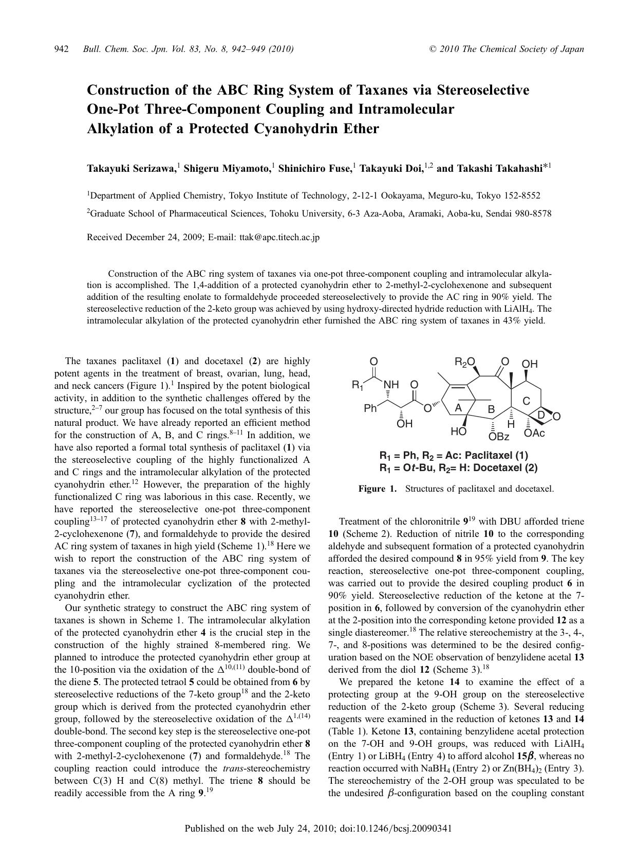 Construction of the ABC Ring System of Taxanes via Stereoselective One-Pot Three-Component Coupling and Intramolecular Alkylation of a Protected Cyanohydrin Ether by （社）日本化学会　The Chemical Society of Japan