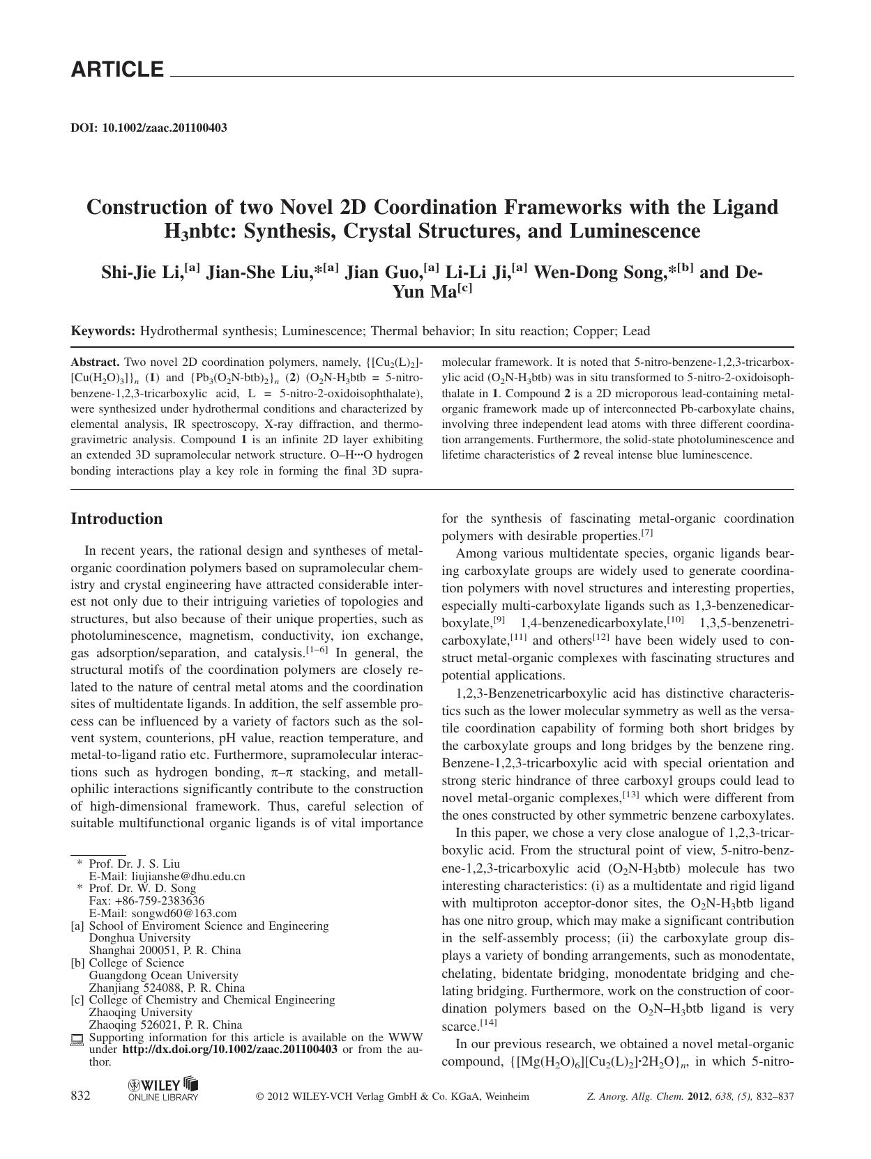 Construction of two Novel 2D Coordination Frameworks with the Ligand H3nbtc: Synthesis, Crystal Structures, and Luminescence by Unknown