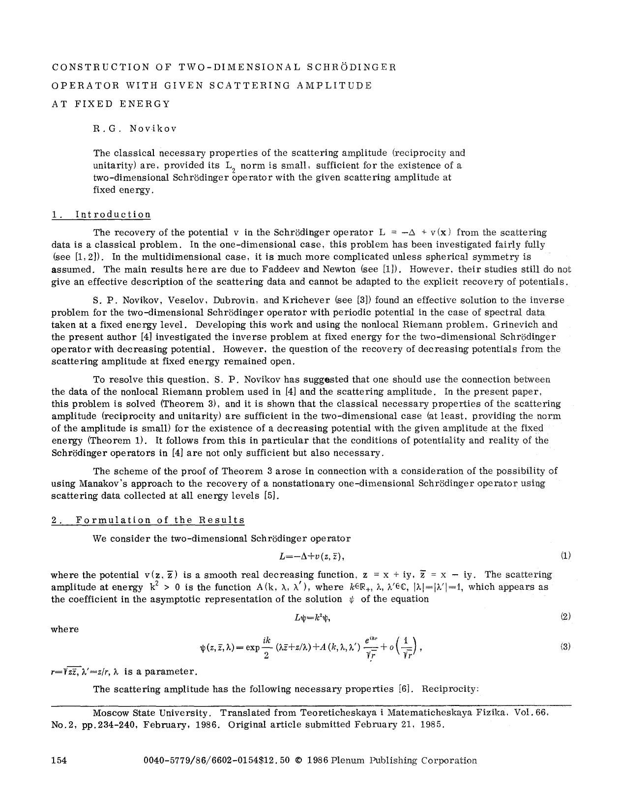 Construction of two-dimensional Schrödinger operator with given scattering amplitude at fixed energy by Unknown