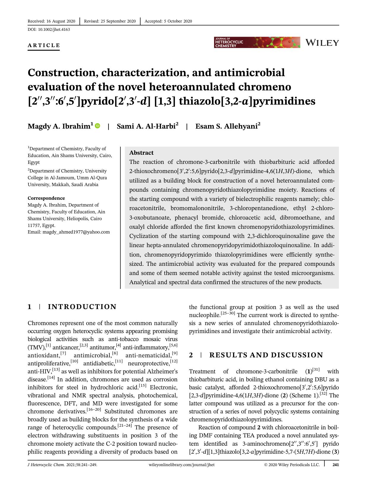 Construction, Characterization and Antimicrobial Evaluation of the Novel Heteroannulated Chromeno[2``,3``:6`,5`]pyrido[2`,3`-d][1,3] thiazolo[3,2-a]pyrimidines by Unknown