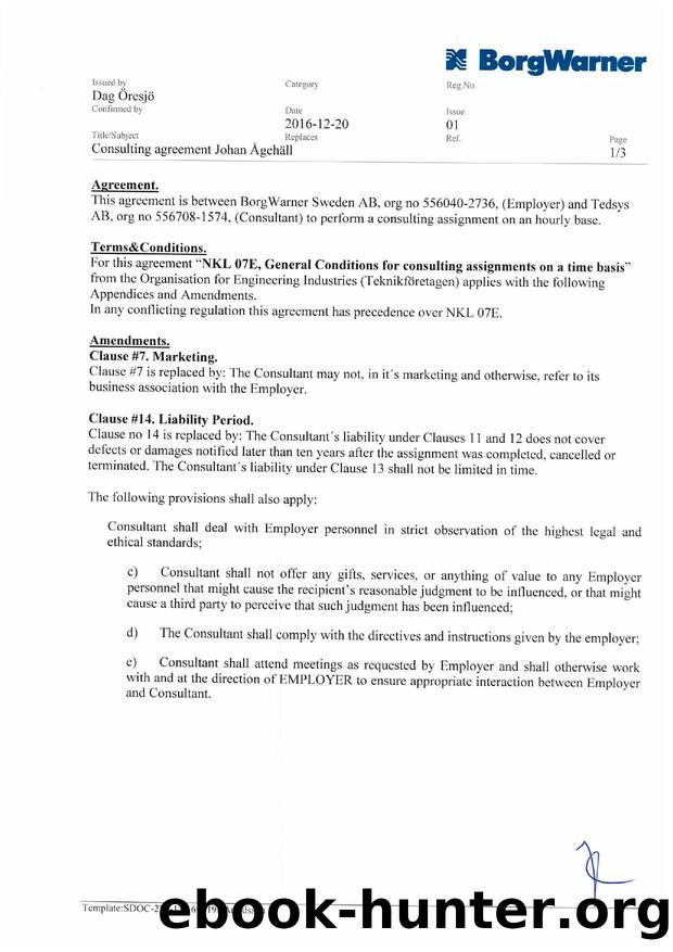Consulting Agreement BorgWarner by Johan Ågehäll