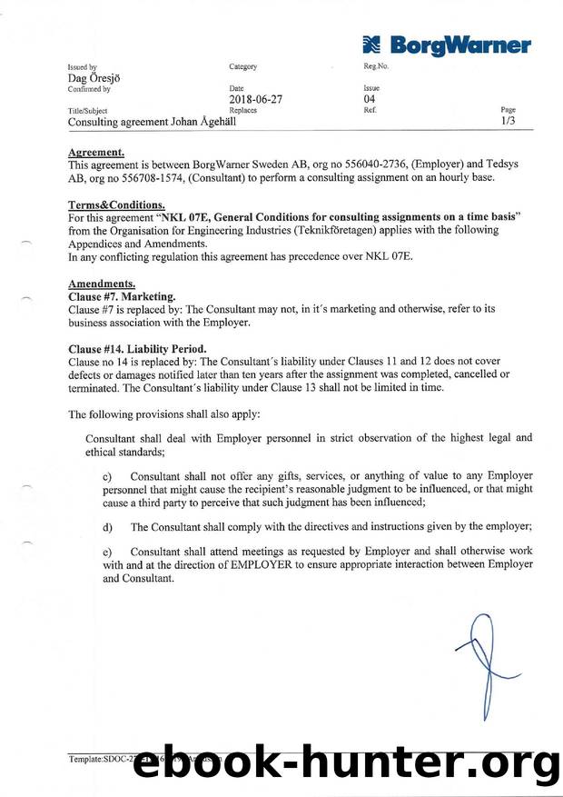 Consulting agreement BorgWarner by Johan Ågehäll 180628