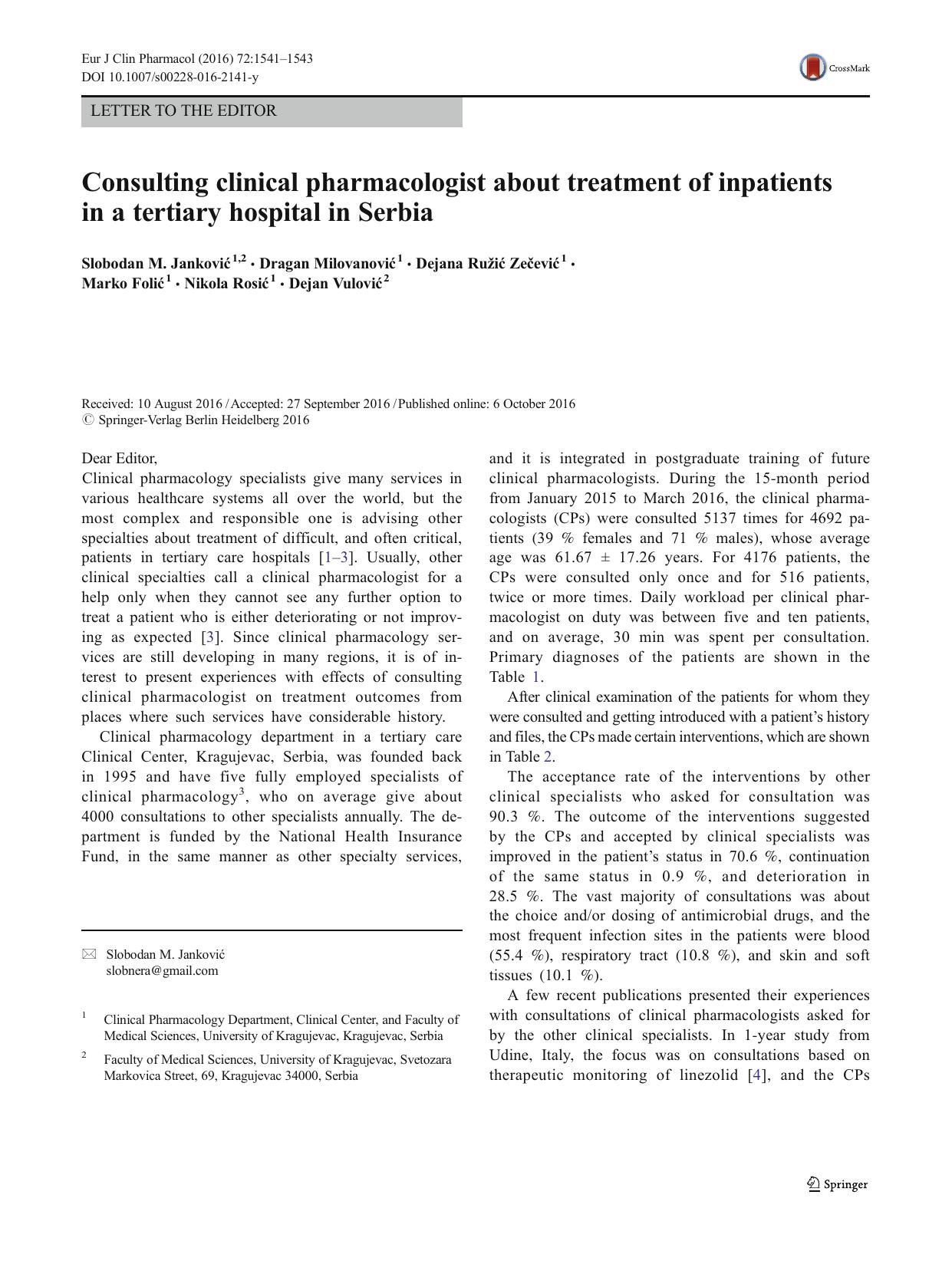 Consulting clinical pharmacologist about treatment of inpatients in a tertiary hospital in Serbia by unknow