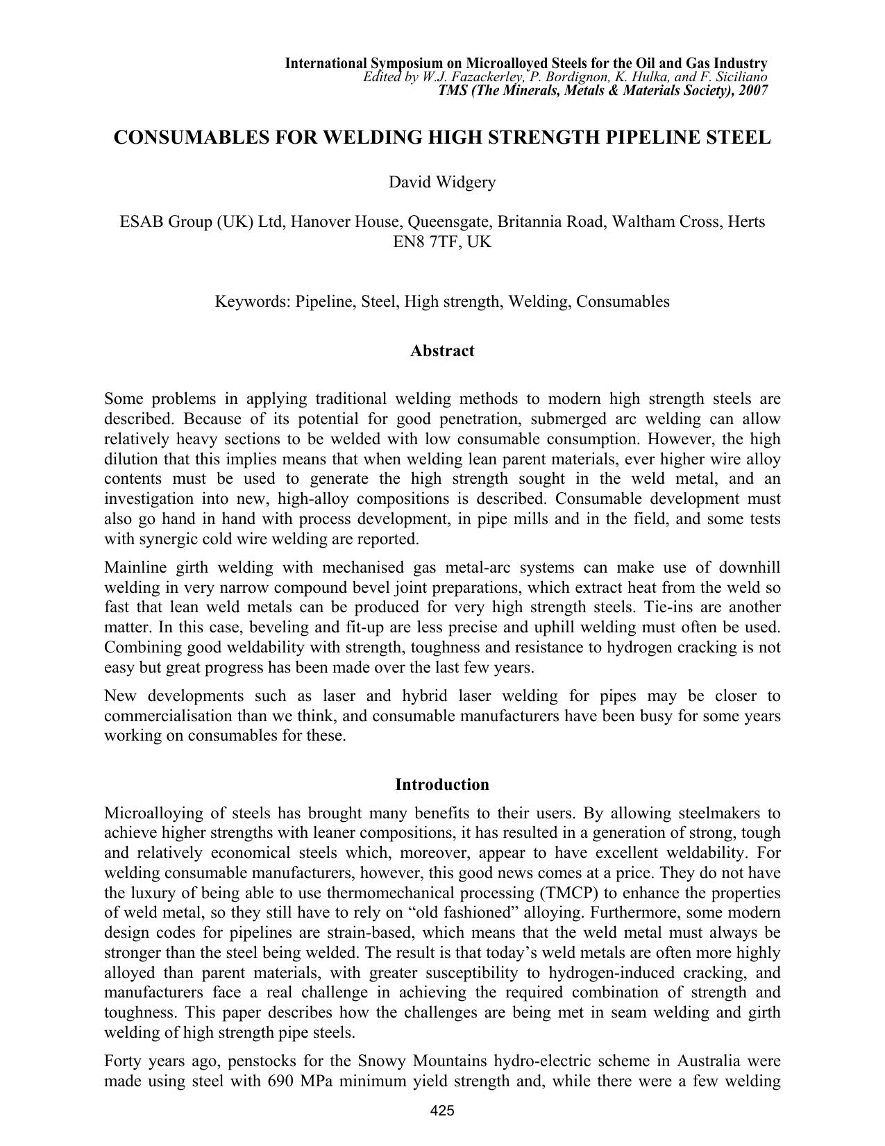 Consumables for Welding High Strength Pipeline Steel by D. Widgery