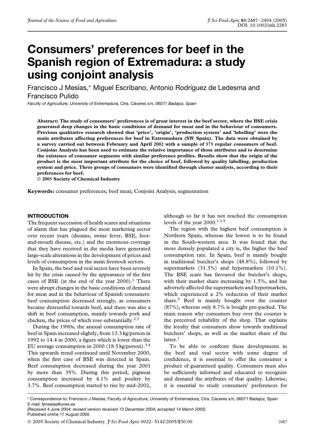 Consumers' preferences for beef in the Spanish region of Extremadura: a study using conjoint analysis by Unknown