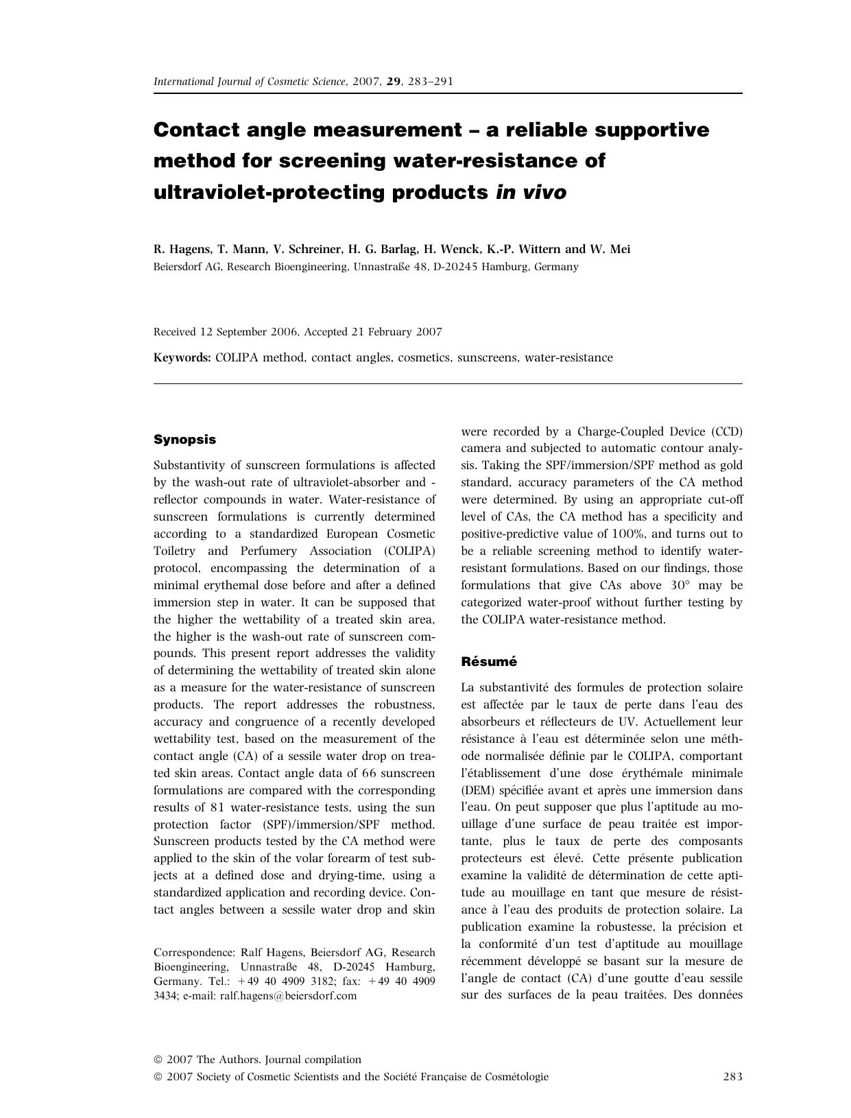 Contact angle measurement â a reliable supportive method for screening water-resistance of ultraviolet-protecting products in vivo by Unknown