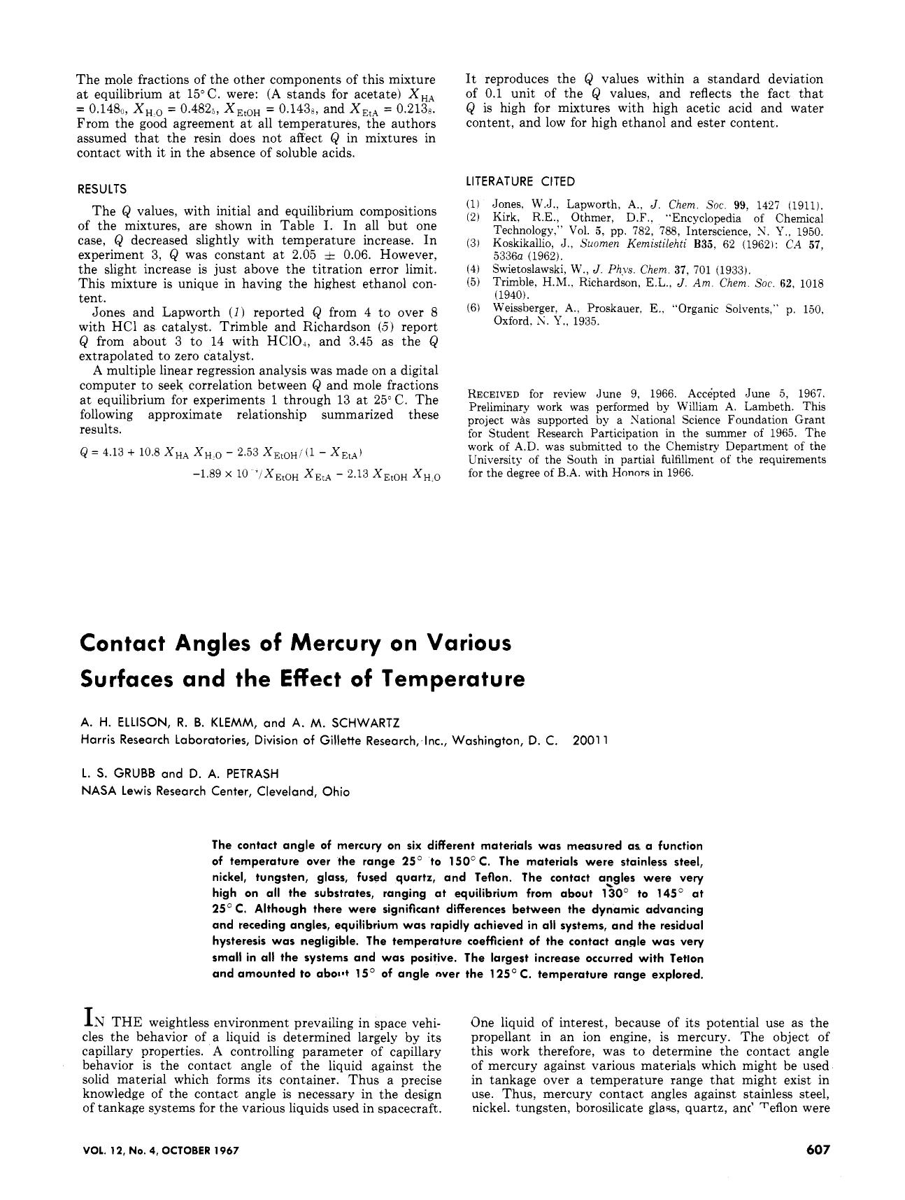 Contact angles of mercury on various surfaces and the effect of temperature by Alfred H. Ellison R. B. Klemm Anthony Max Schwartz L. S. Grubb Donald A. Petrash