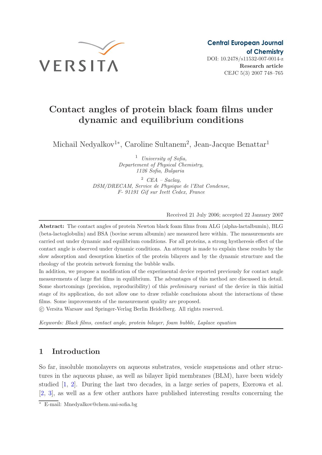 Contact angles of protein black foam films under dynamic and equilibrium conditions by Unknown