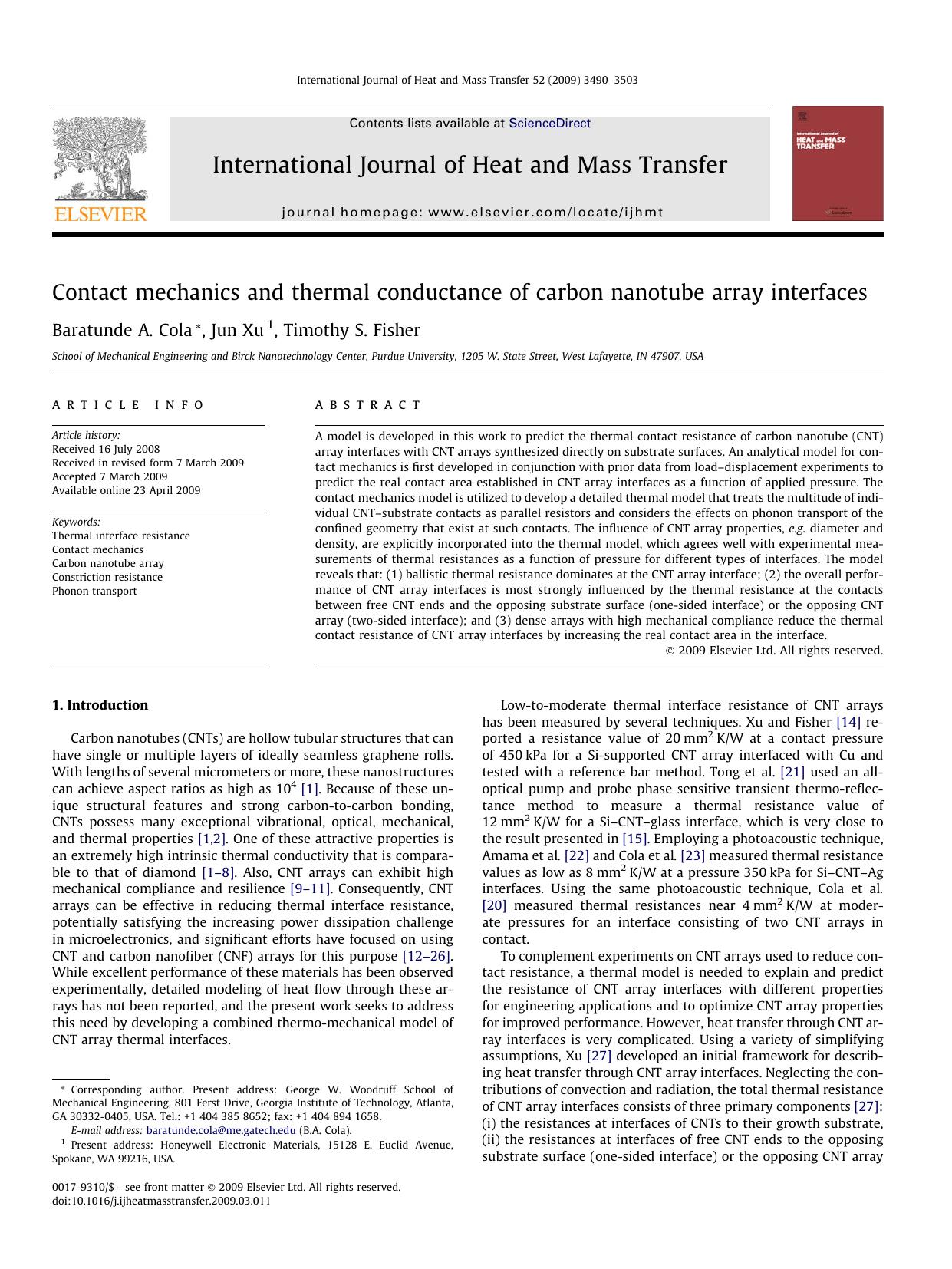 Contact mechanics and thermal conductance of carbon nanotube array interfaces by Baratunde A. Cola; Jun Xu; Timothy S. Fisher