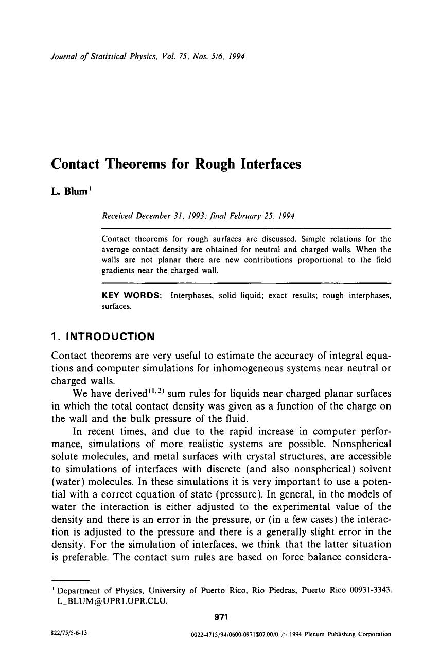Contact theorems for rough interfaces by Unknown